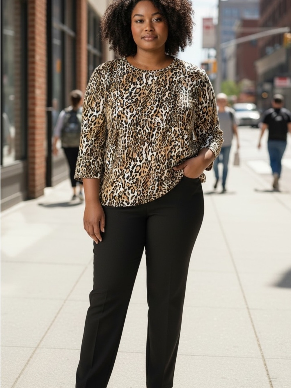 Petite L- Jones New York Leopard Print Top with Yellow Trim